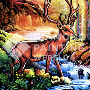 Hirsch am Fluss Diamond Painting mit Geweih und Wasserlauf