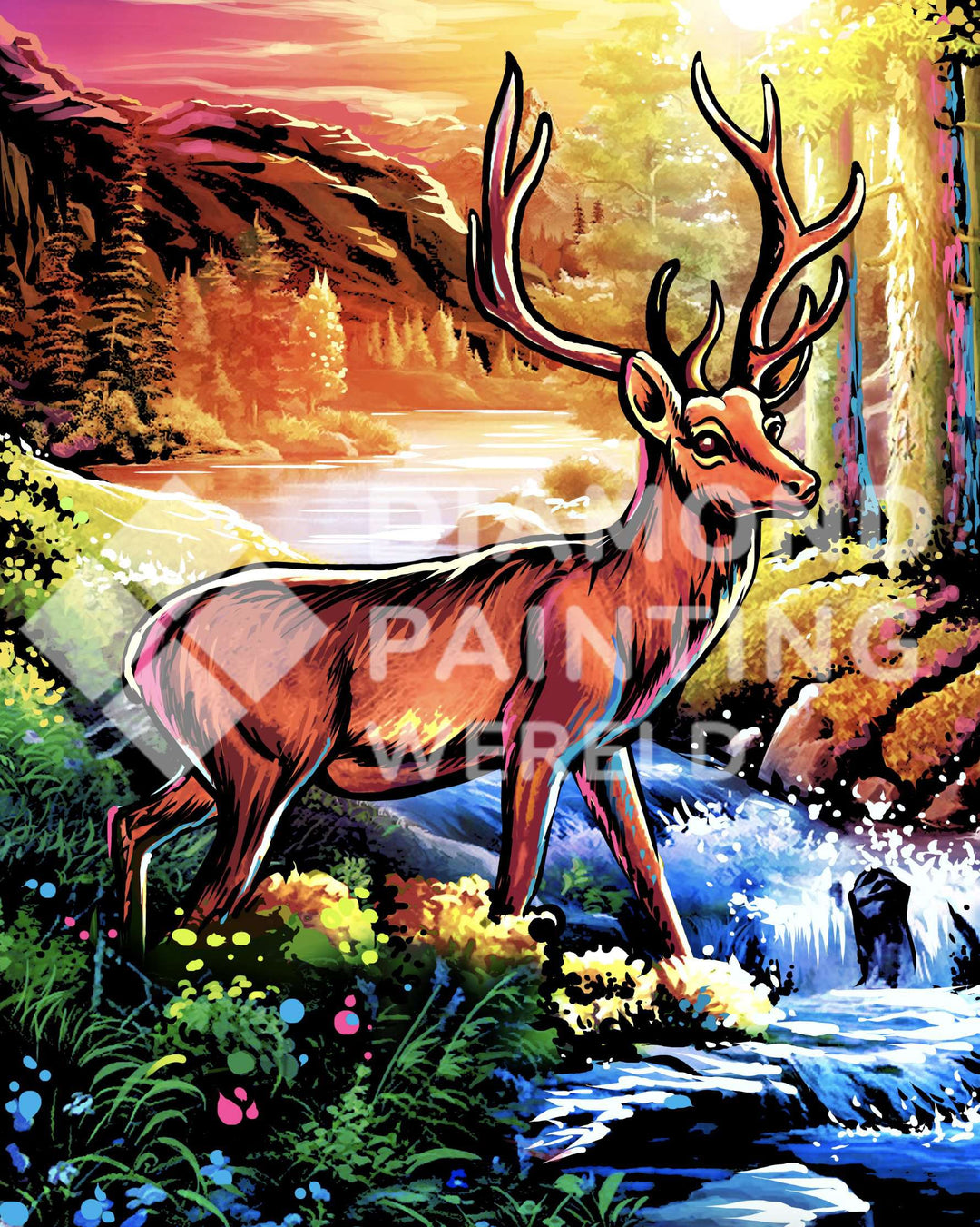 Hirsch am Fluss Diamond Painting mit Geweih und Wasserlauf