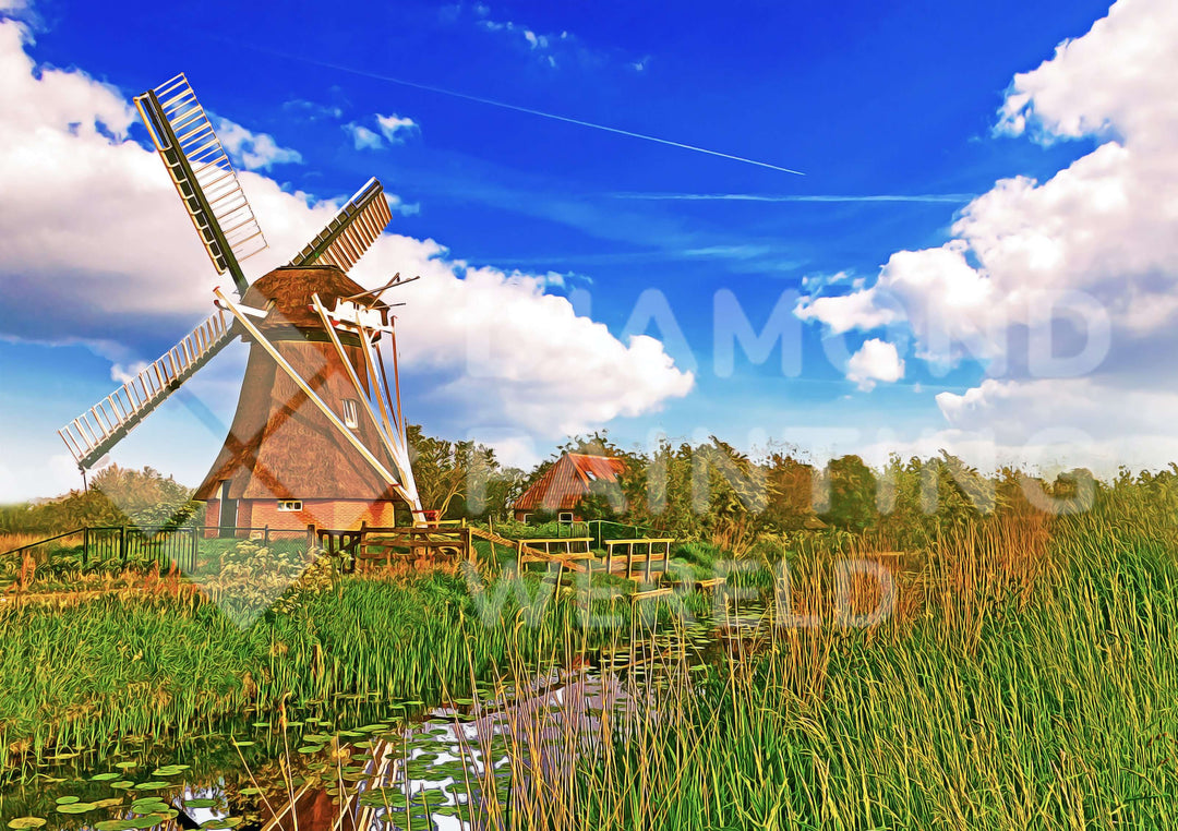Niederländische Windmühle Diamond Painting mit Wassergraben
