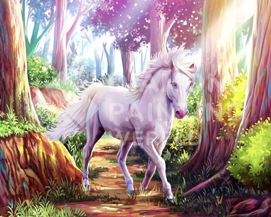 Weißes Pferd im Wald Exklusives Diamond Painting Motiv