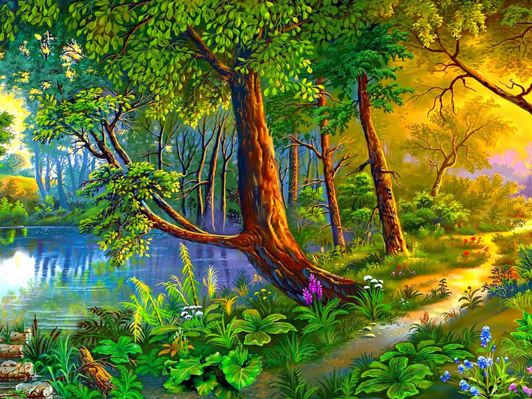Fluss im Wald Diamond Painting Landschaftsmotiv